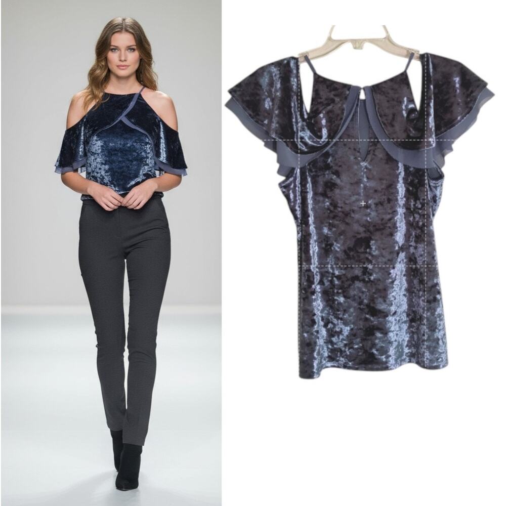 White House Black Market Crushed Velvet Top Women's Sz S Blue/Gray Cold Shoulder